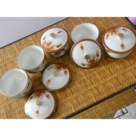 Vintage Kutani Yunomi, Lidded Tea Cup Set, With Autumnal Décor - Picture 7 of 8